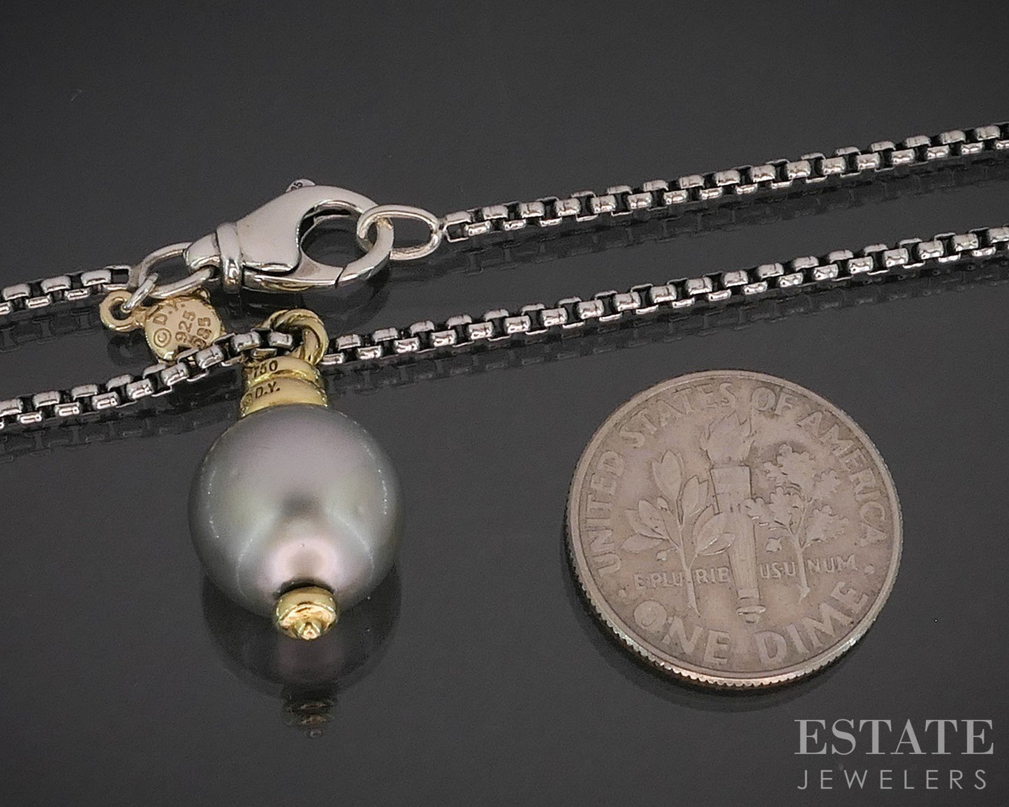 18k & Sterling David Yurman 10.8mm Cultured Grey Pearl Necklace 10g 20"L p15376