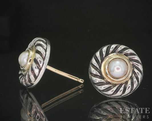 14k & Sterling David Yurman Cultured Pearl Button Cookie Stud Earrings 5g p15364