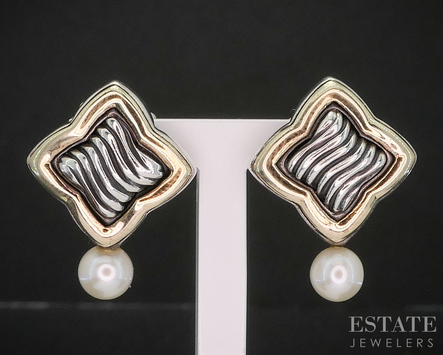 18k & Sterling David Yurman Cultured Pearl Quatrefoil Drop Earrings 8.3g p15365