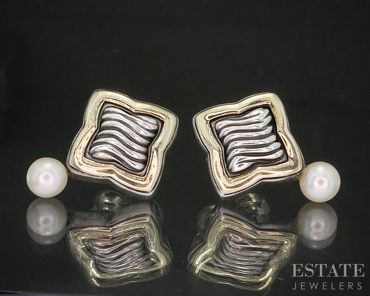 18k & Sterling David Yurman Cultured Pearl Quatrefoil Drop Earrings 8.3g p15365