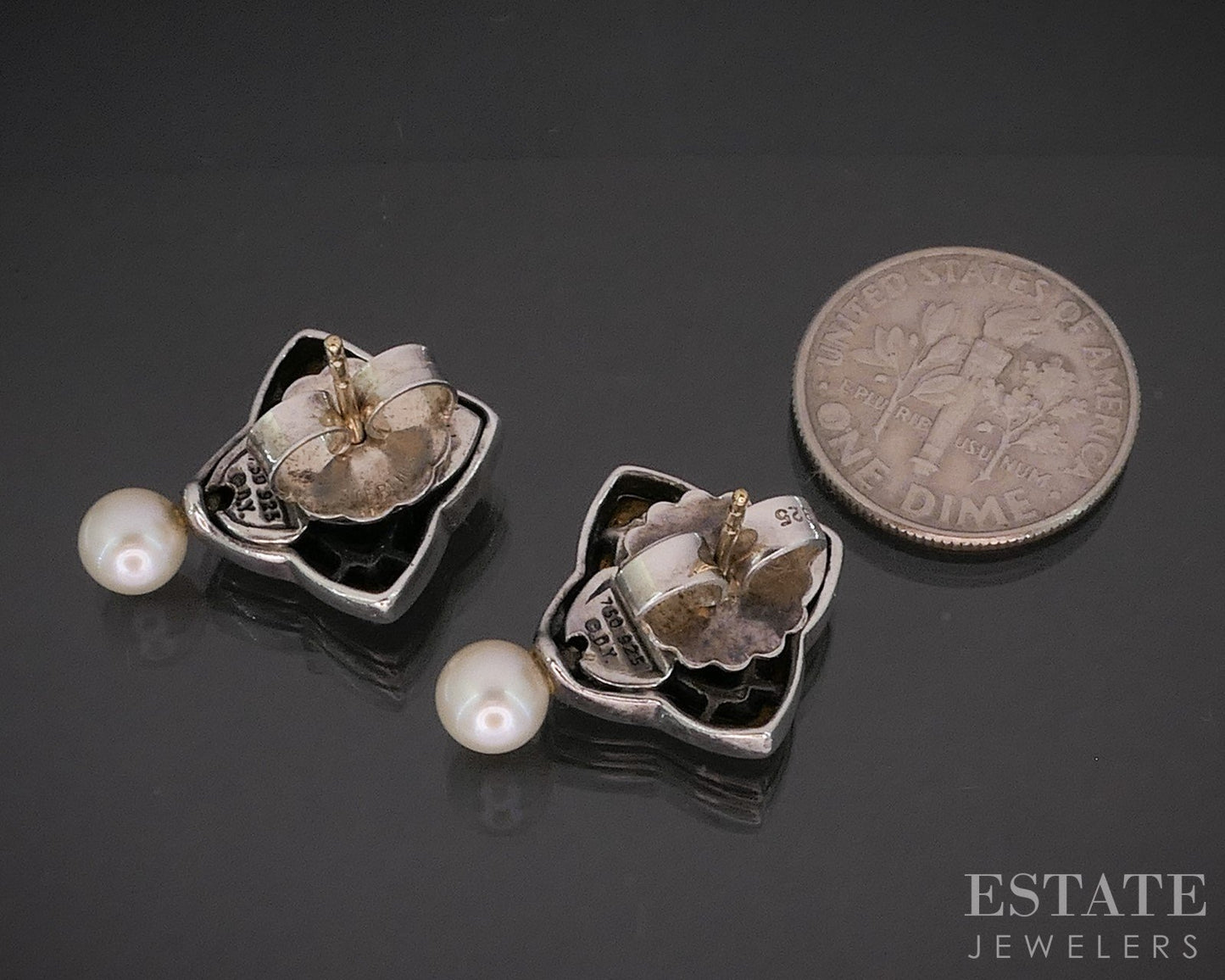 18k & Sterling David Yurman Cultured Pearl Quatrefoil Drop Earrings 8.3g p15365