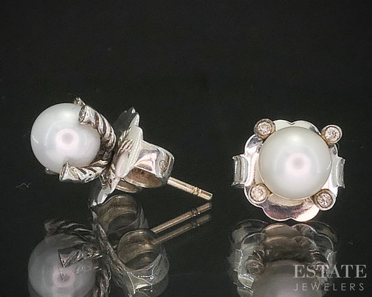 14k Sterling David Yurman Pearl & Diamond Cable Stud Earrings 2.3g p15359