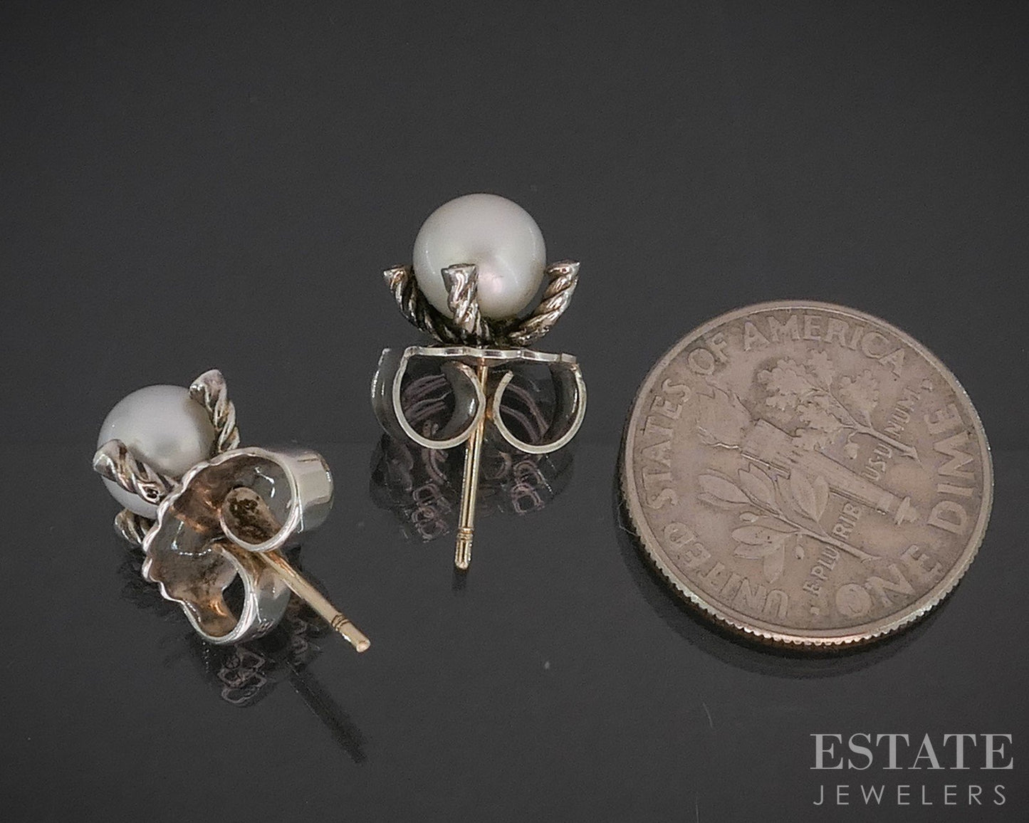 14k Sterling David Yurman Pearl & Diamond Cable Stud Earrings 2.3g p15359