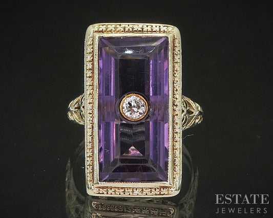 Antique 14k Yellow Gold Natural Amethyst & Diamond Filigree Ring 5.9g p15412