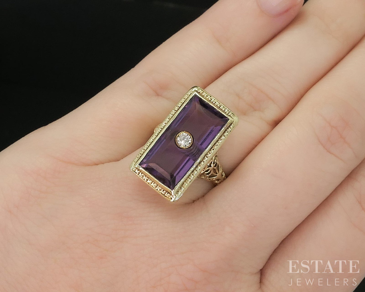 Antique 14k Yellow Gold Natural Amethyst & Diamond Filigree Ring 5.9g p15412