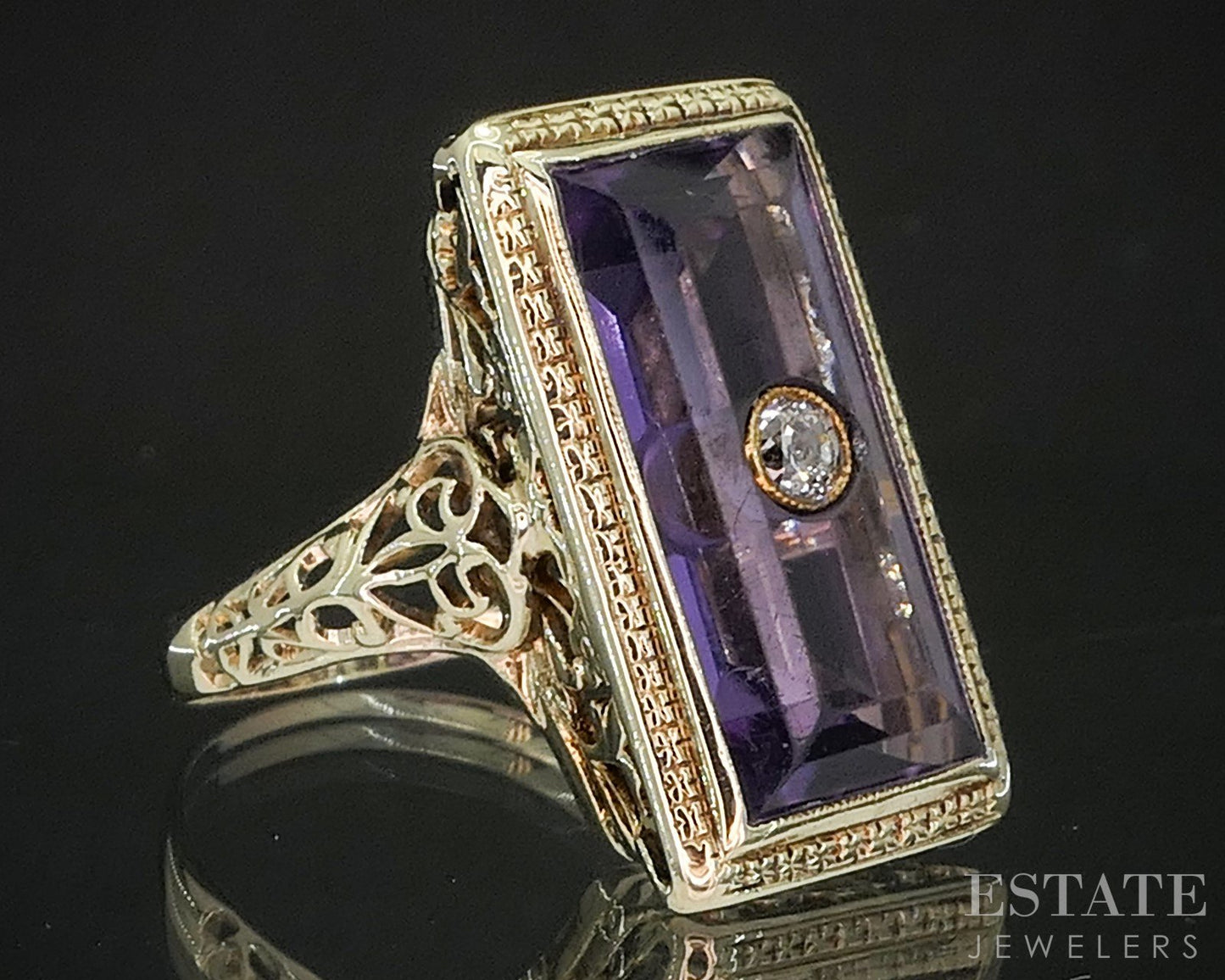 Antique 14k Yellow Gold Natural Amethyst & Diamond Filigree Ring 5.9g p15412