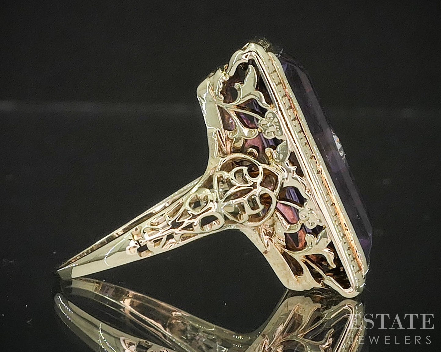 Antique 14k Yellow Gold Natural Amethyst & Diamond Filigree Ring 5.9g p15412