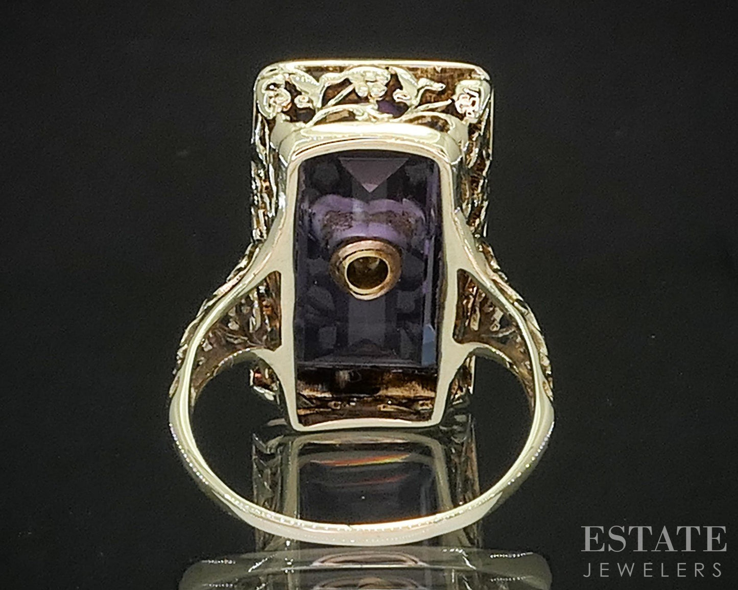 Antique 14k Yellow Gold Natural Amethyst & Diamond Filigree Ring 5.9g p15412