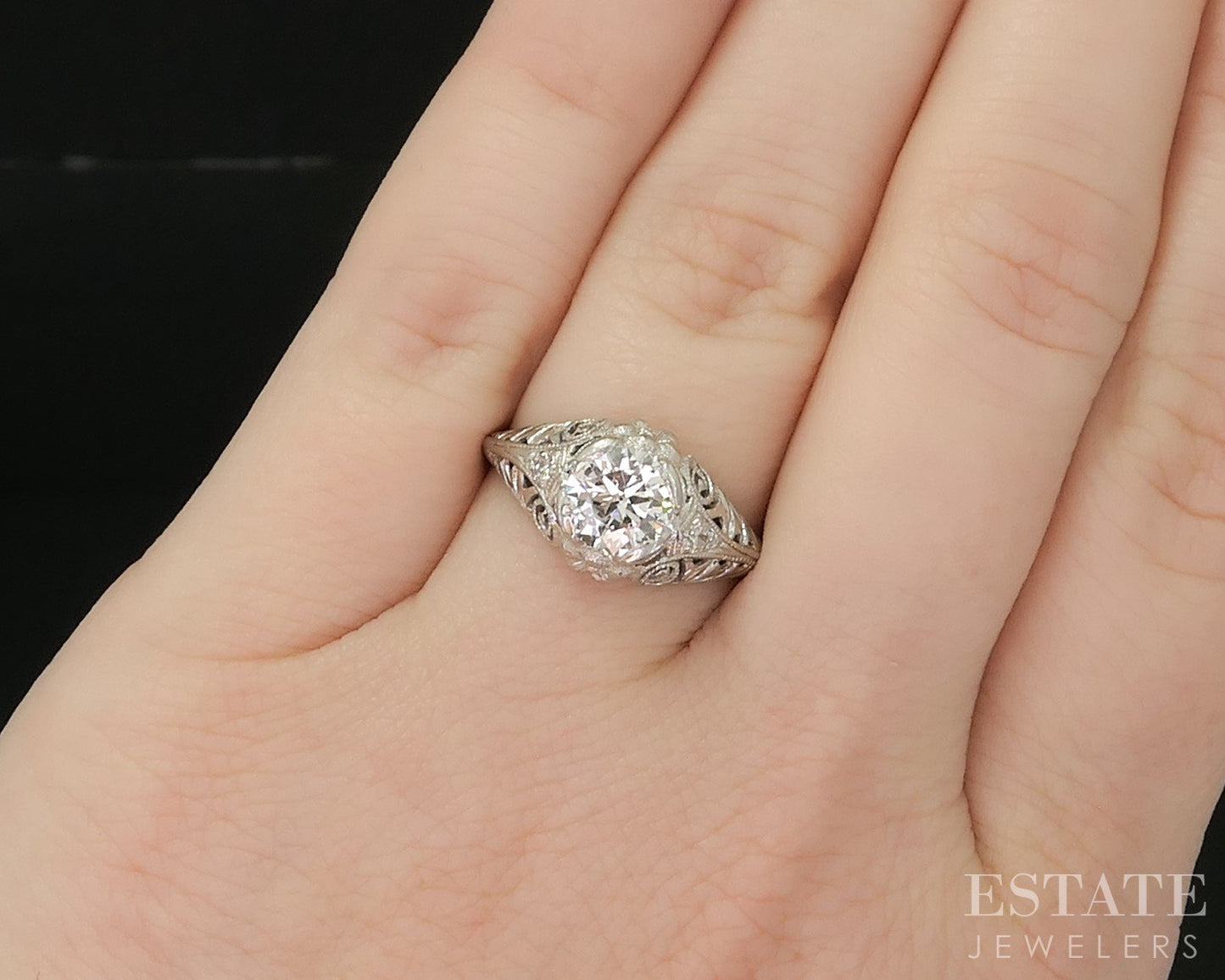 Antique Platinum OEC .92ct Diamond Filigree Engagement Ring 3.3g p15414