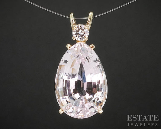 14k Yellow Gold Pear Natural Kunzite & Diamond Pendant 5.4g p15422