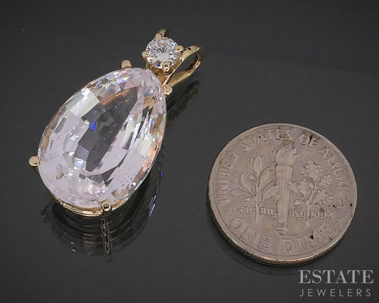 14k Yellow Gold Pear Natural Kunzite & Diamond Pendant 5.4g p15422