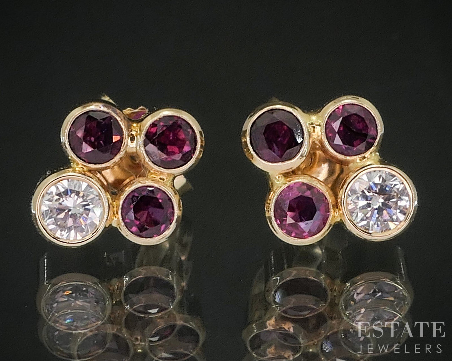 14k Yellow Gold Natural Ruby & Diamond Cluster Stud Earrings 1.9g p15387
