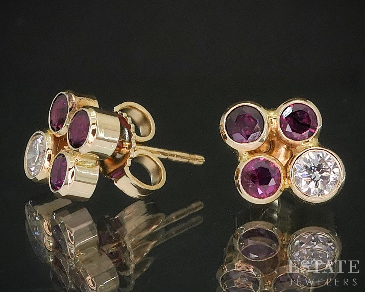 14k Yellow Gold Natural Ruby & Diamond Cluster Stud Earrings 1.9g p15387