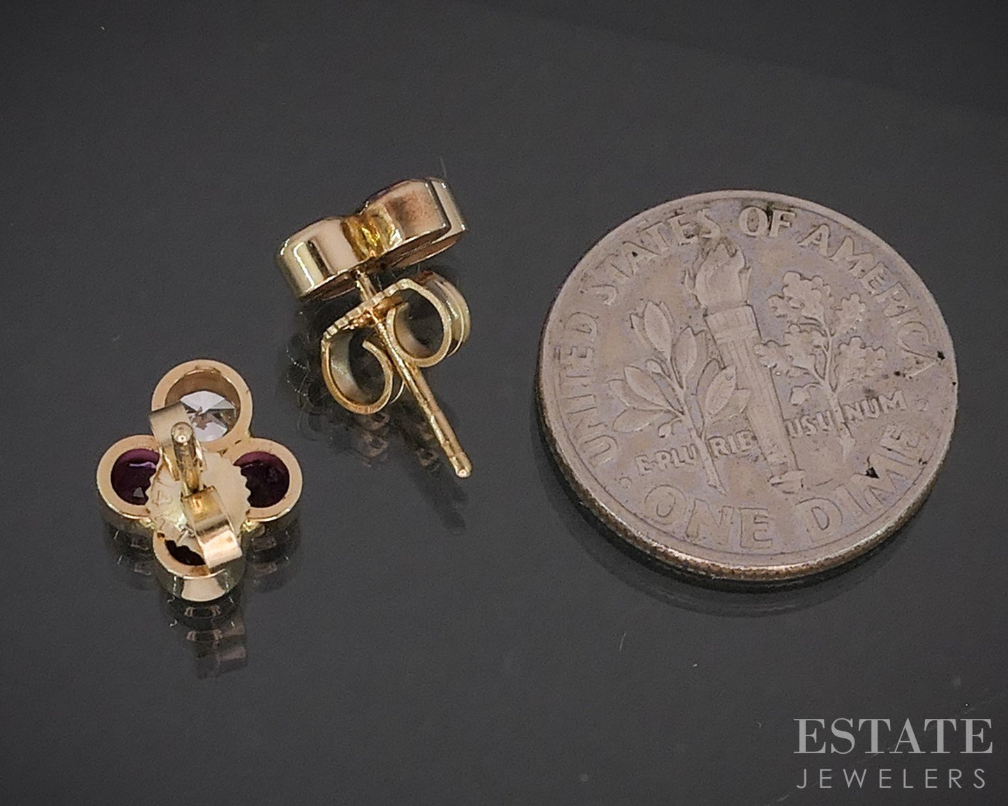 14k Yellow Gold Natural Ruby & Diamond Cluster Stud Earrings 1.9g p15387