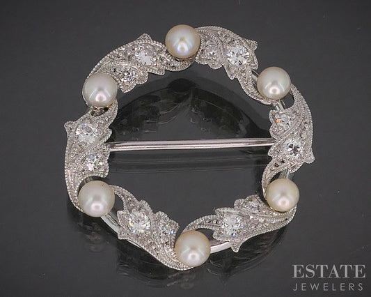 Antique Art Deco Platinum .36ctw Diamond & Akoya Pearl Pin Brooch 5.6g p15380