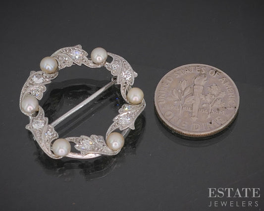 Antique Art Deco Platinum .36ctw Diamond & Akoya Pearl Pin Brooch 5.6g p15380