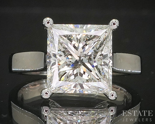 14k White Gold Princess Natural 4ct Diamond Solitaire Ring 5.8g p15383