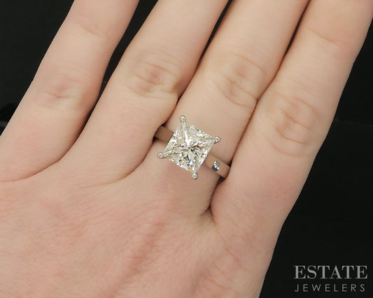 14k White Gold Princess Natural 4ct Diamond Solitaire Ring 5.8g p15383