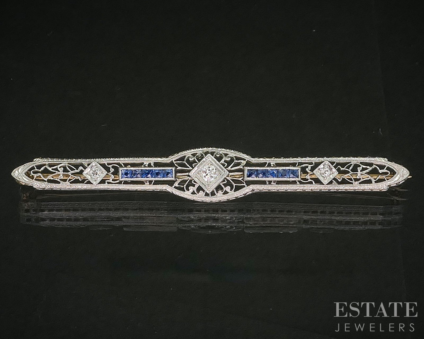 Antique 14k Two Tone Gold Diamond & Sapphire Filigree Bar Pin Brooch 5g p15402