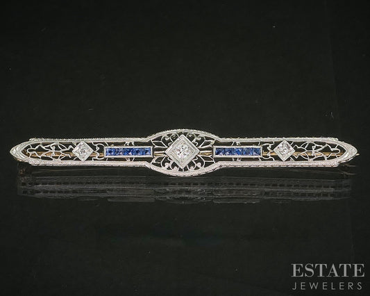Antique 14k Two Tone Gold Diamond & Sapphire Filigree Bar Pin Brooch 5g p15402