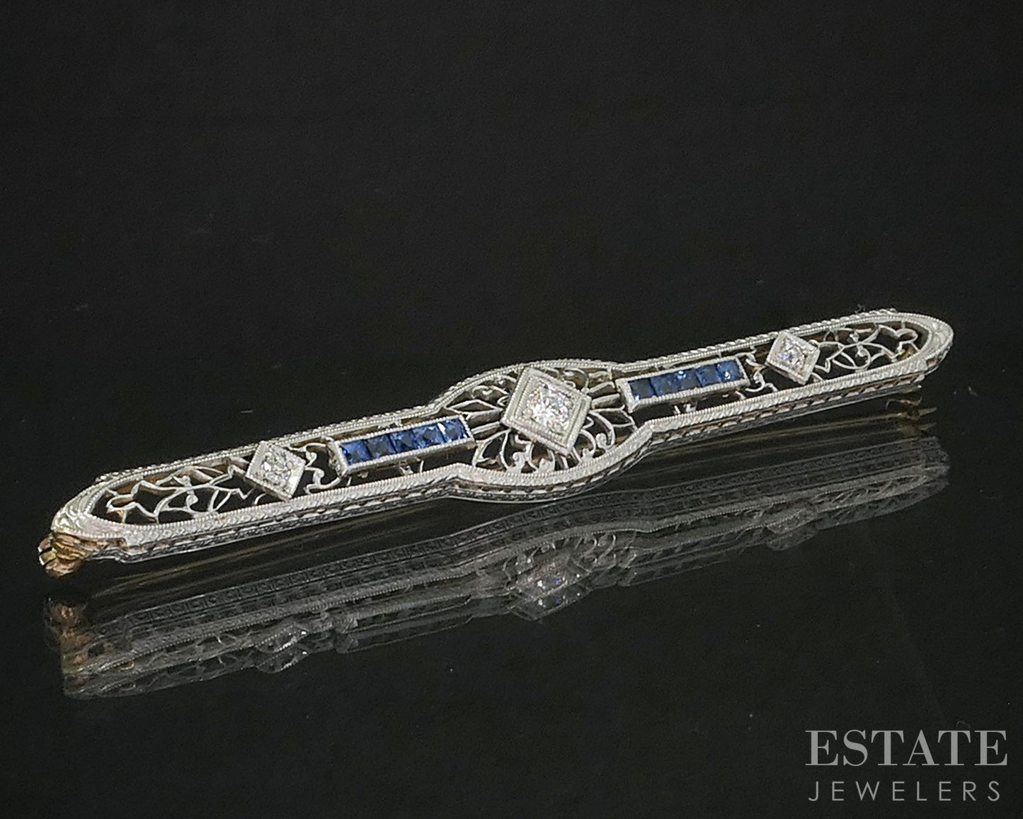 Antique 14k Two Tone Gold Diamond & Sapphire Filigree Bar Pin Brooch 5g p15402