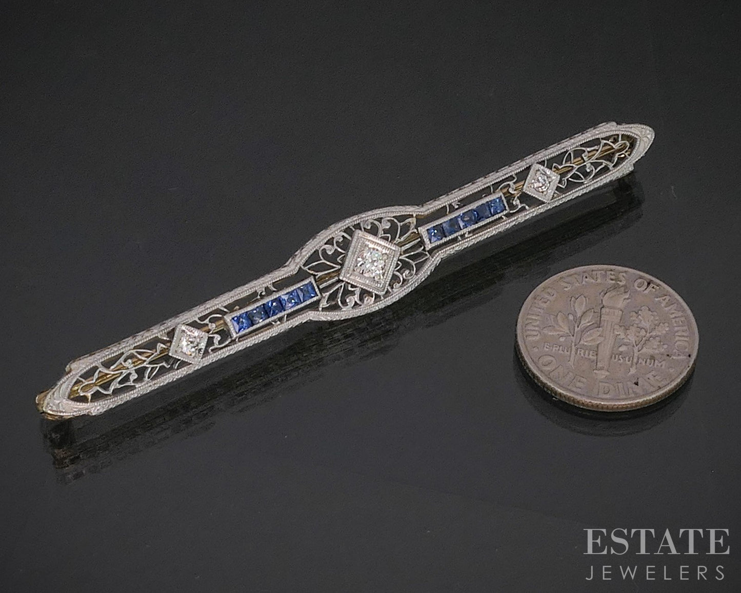 Antique 14k Two Tone Gold Diamond & Sapphire Filigree Bar Pin Brooch 5g p15402