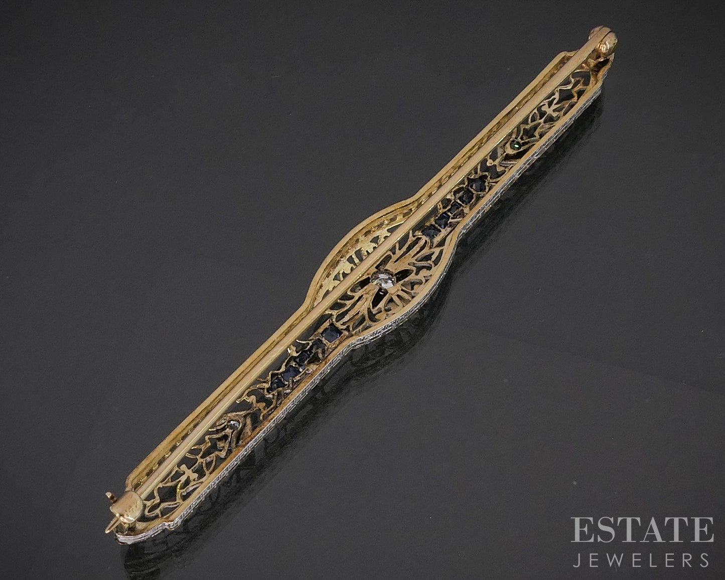 Antique 14k Two Tone Gold Diamond & Sapphire Filigree Bar Pin Brooch 5g p15402