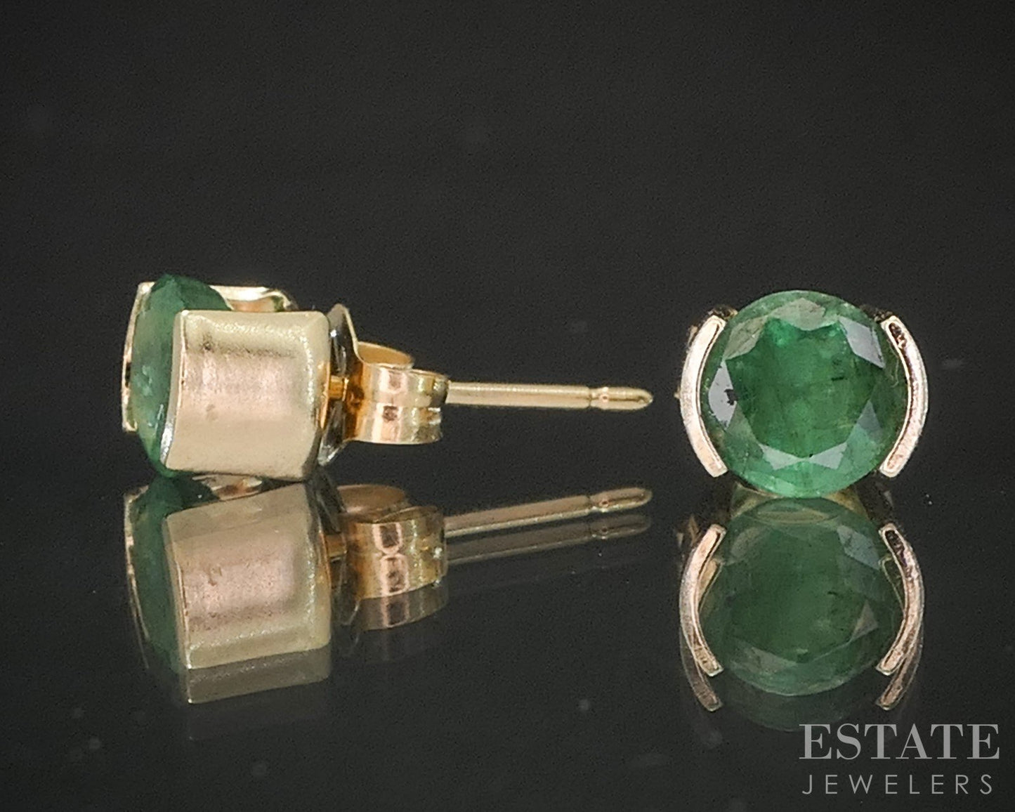 14k Yellow Gold Round 5mm Natural Emerald Half Bezel Stud Earrings 1.0g p15435