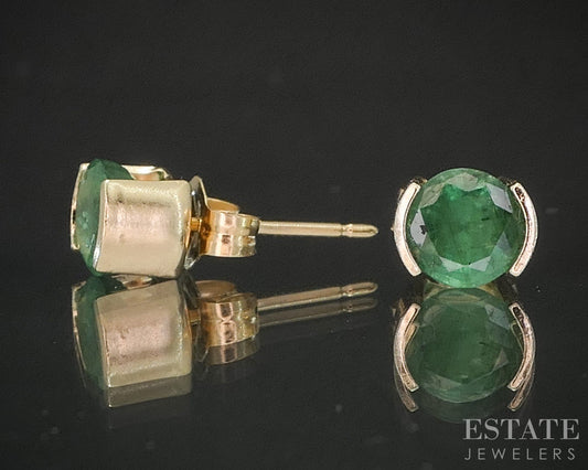 14k Yellow Gold Round 5mm Natural Emerald Half Bezel Stud Earrings 1.0g p15435