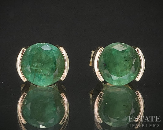 14k Yellow Gold Round 5mm Natural Emerald Half Bezel Stud Earrings 1.0g p15435