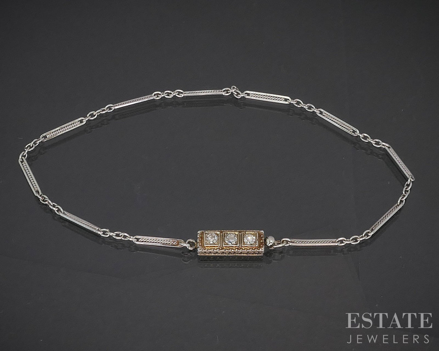 Antique 18k White Gold Natural .07ctw Diamond Bar Link Bracelet 2.5g p15431