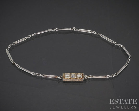 Antique 18k White Gold Natural .07ctw Diamond Bar Link Bracelet 2.5g p15431