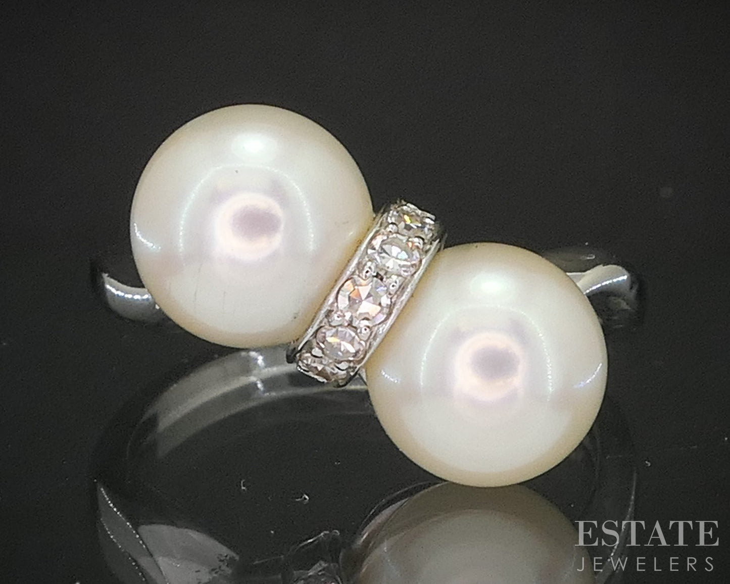 Vintage 14k White Gold 7.5mm Akoya Pearl & Diamond Ladies Ring 3.9g p15148