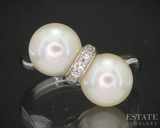 Vintage 14k White Gold 7.5mm Akoya Pearl & Diamond Ladies Ring 3.9g p15148