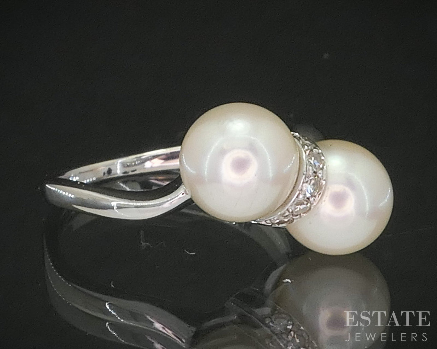 Vintage 14k White Gold 7.5mm Akoya Pearl & Diamond Ladies Ring 3.9g p15148