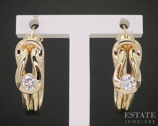 14k Yellow Gold Natural .28ctw Diamond Love Knot Hoop Earrings 6.5g p15426