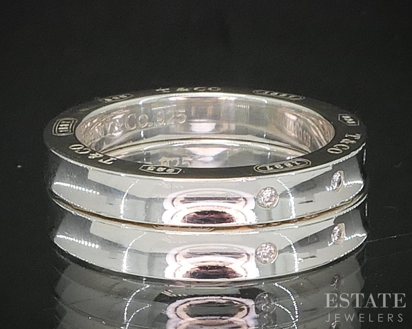 Sterling Tiffany & Co. 1837 Diamond Ladies Stack Band Set of 2 9.4g p15424