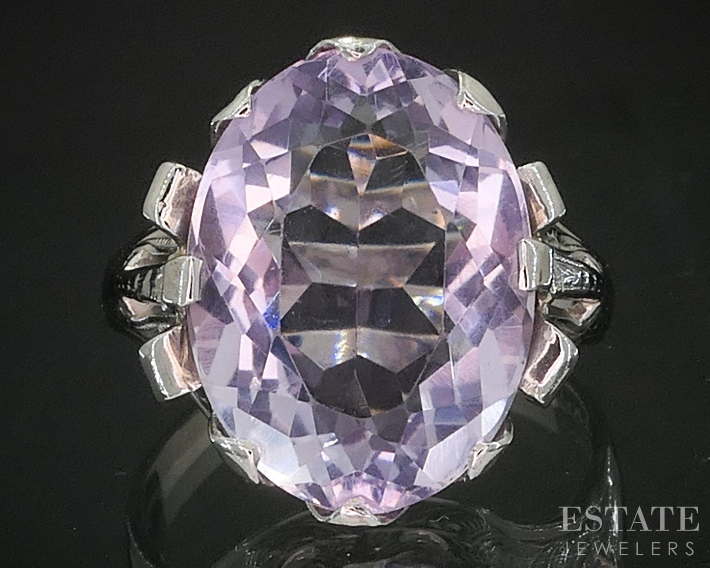 Antique 14k White Gold Oval Natural Amethyst Filigree Ladies Ring 5.1g p15423