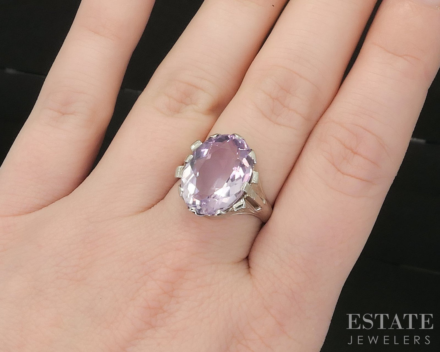 Antique 14k White Gold Oval Natural Amethyst Filigree Ladies Ring 5.1g p15423