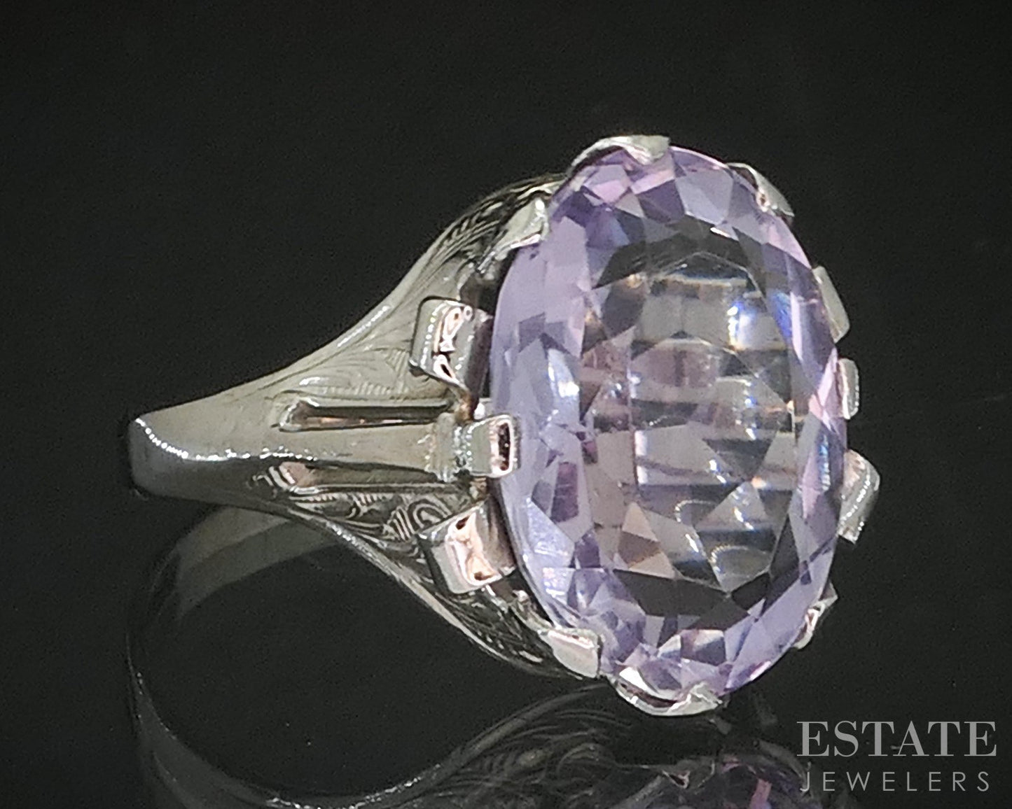 Antique 14k White Gold Oval Natural Amethyst Filigree Ladies Ring 5.1g p15423