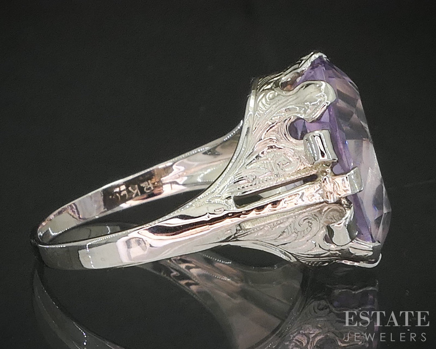 Antique 14k White Gold Oval Natural Amethyst Filigree Ladies Ring 5.1g p15423