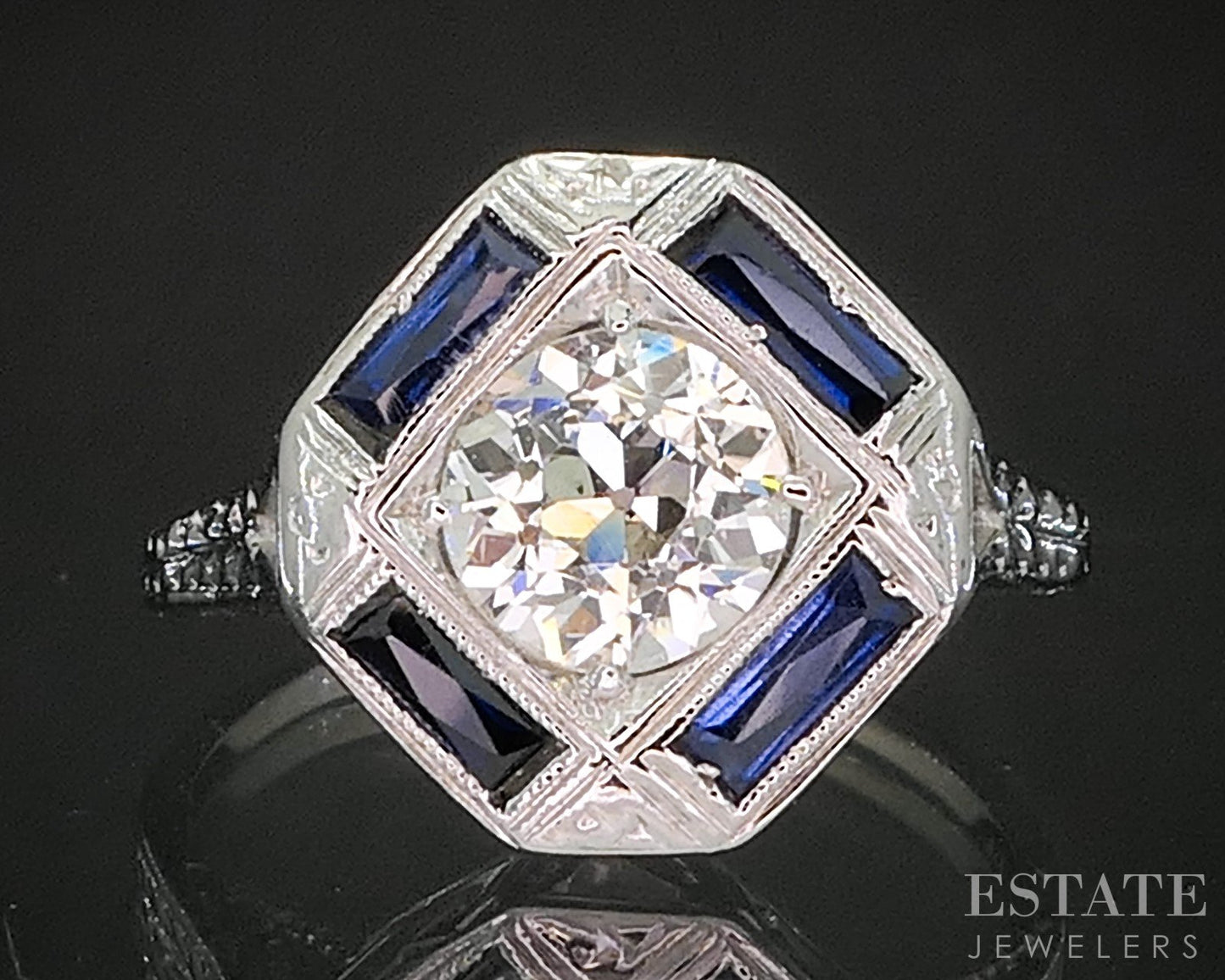 Antique 18k White Gold OEC Natural .60ct Diamond Sapphire Filigree Ring p92551