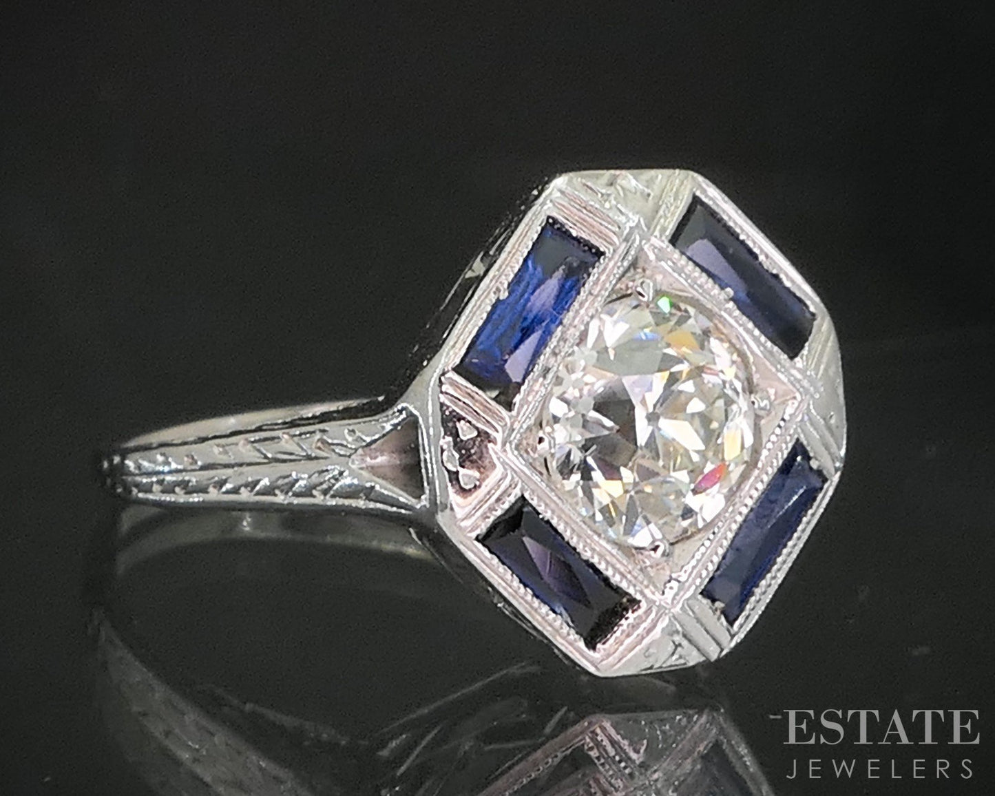 Antique 18k White Gold OEC Natural .60ct Diamond Sapphire Filigree Ring p92551