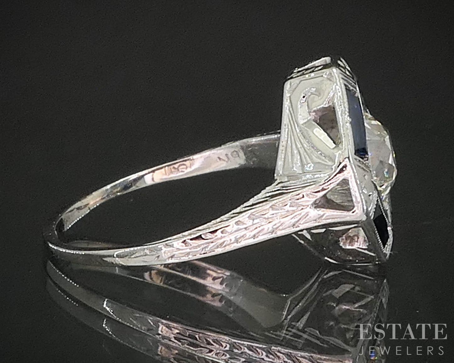 Antique 18k White Gold OEC Natural .60ct Diamond Sapphire Filigree Ring p92551