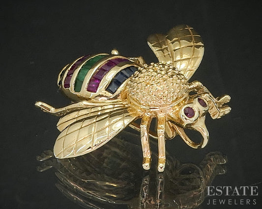 14k Yellow Gold Bellarri Natural Multi Gem Bee Bug Pin Brooch 6g p15151