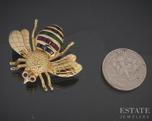 14k Yellow Gold Bellarri Natural Multi Gem Bee Bug Pin Brooch 6g p15151