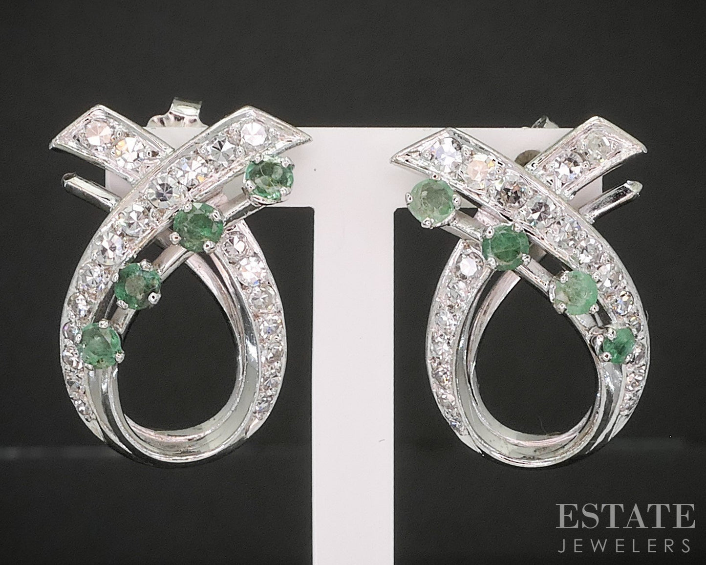 Vintage 14k White Gold Natural Emerald & Diamond Ribbon Earrings 8.3g p15537