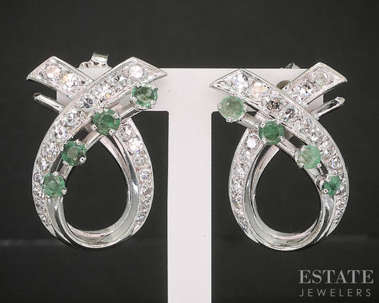 Vintage 14k White Gold Natural Emerald & Diamond Ribbon Earrings 8.3g p15537