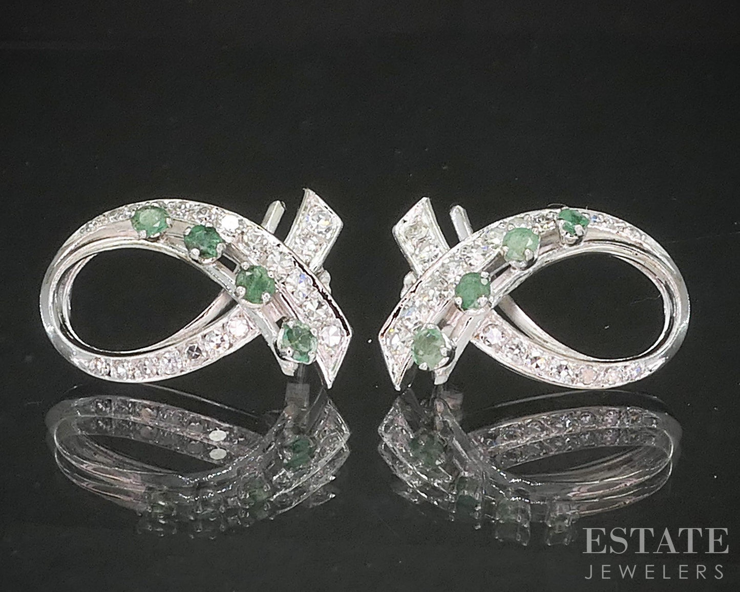 Vintage 14k White Gold Natural Emerald & Diamond Ribbon Earrings 8.3g p15537