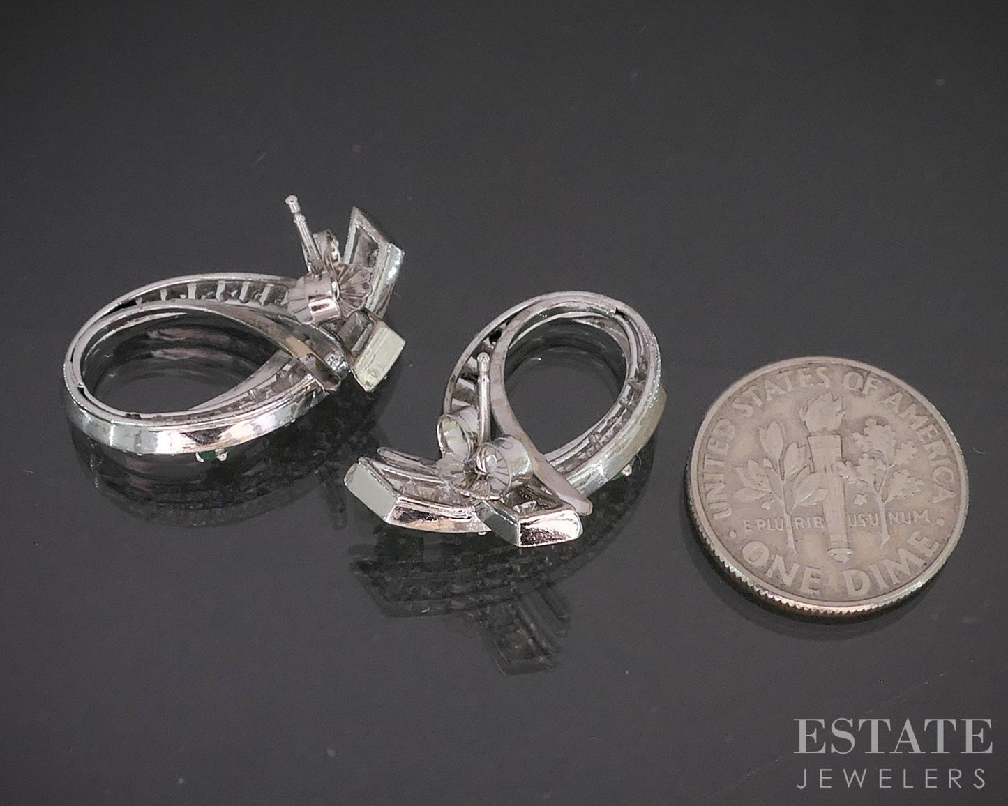 Vintage 14k White Gold Natural Emerald & Diamond Ribbon Earrings 8.3g p15537